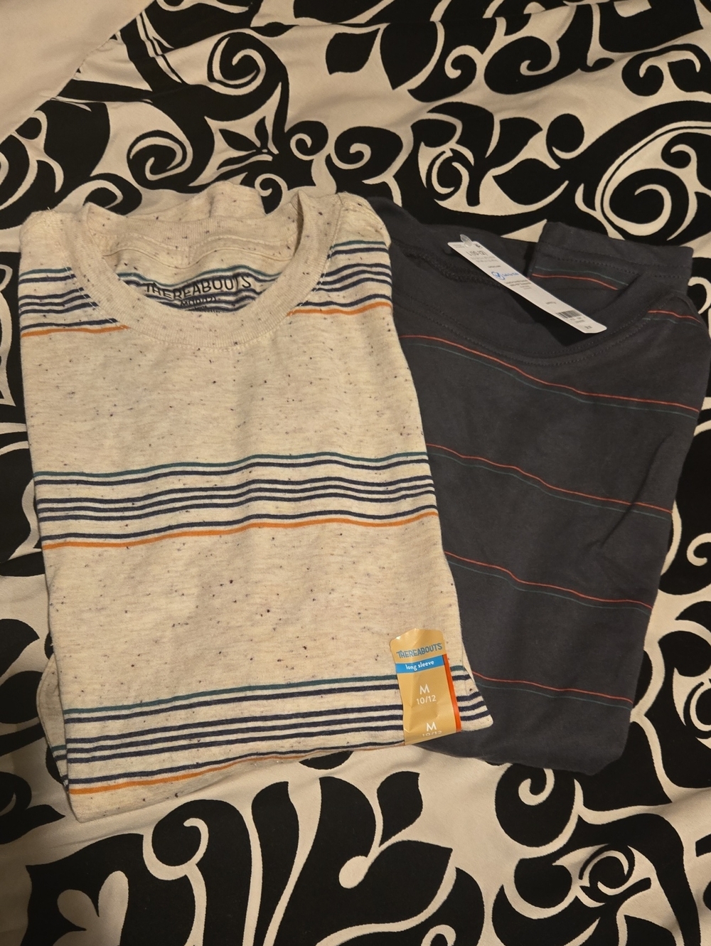 Back To School! Striped Long Sleeve Tees in Cream Speckle & Navy